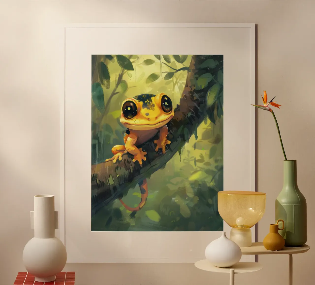 Grenouille orange vif se reposant sur une branche dans une forêt verdoyante poster de DesignDoodle