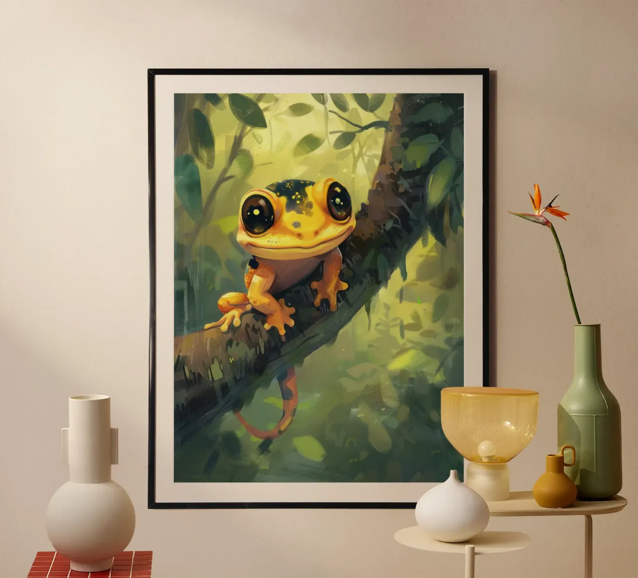 Rana arancione brillante che riposa su un ramo in una foresta verde e rigogliosa carta hahnemühle da DesignDoodle