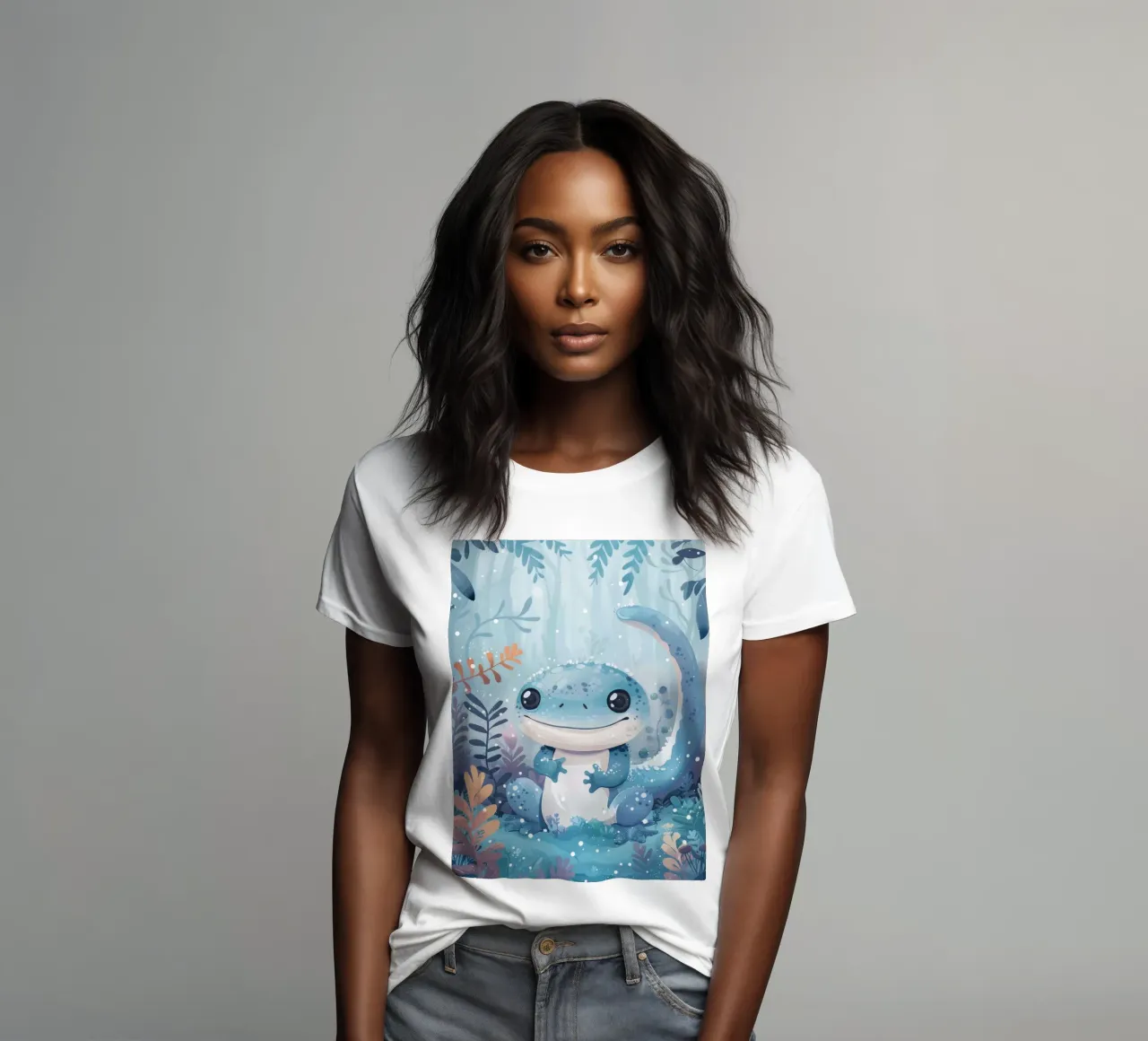 Niedliche blaue Eidechse sitzt unter schneebedecktem üppigem Laub Frauen T-Shirt von DesignDoodle