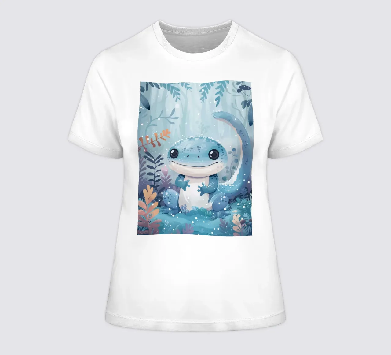 Niedliche blaue Eidechse sitzt unter schneebedecktem üppigem Laub Frauen T-Shirt von DesignDoodle