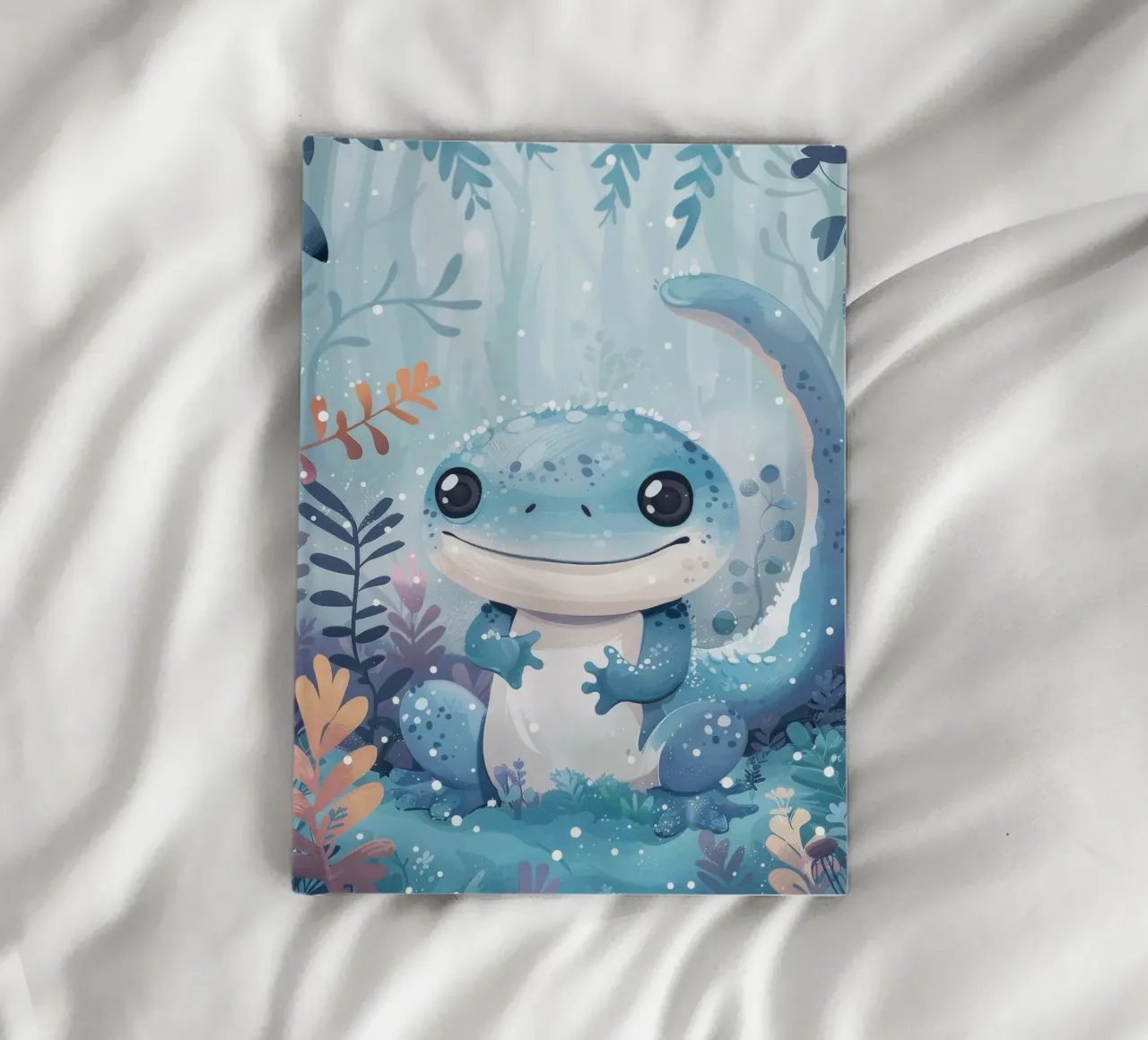 Niedliche blaue Eidechse sitzt unter schneebedecktem üppigem Laub Notizbuch von DesignDoodle