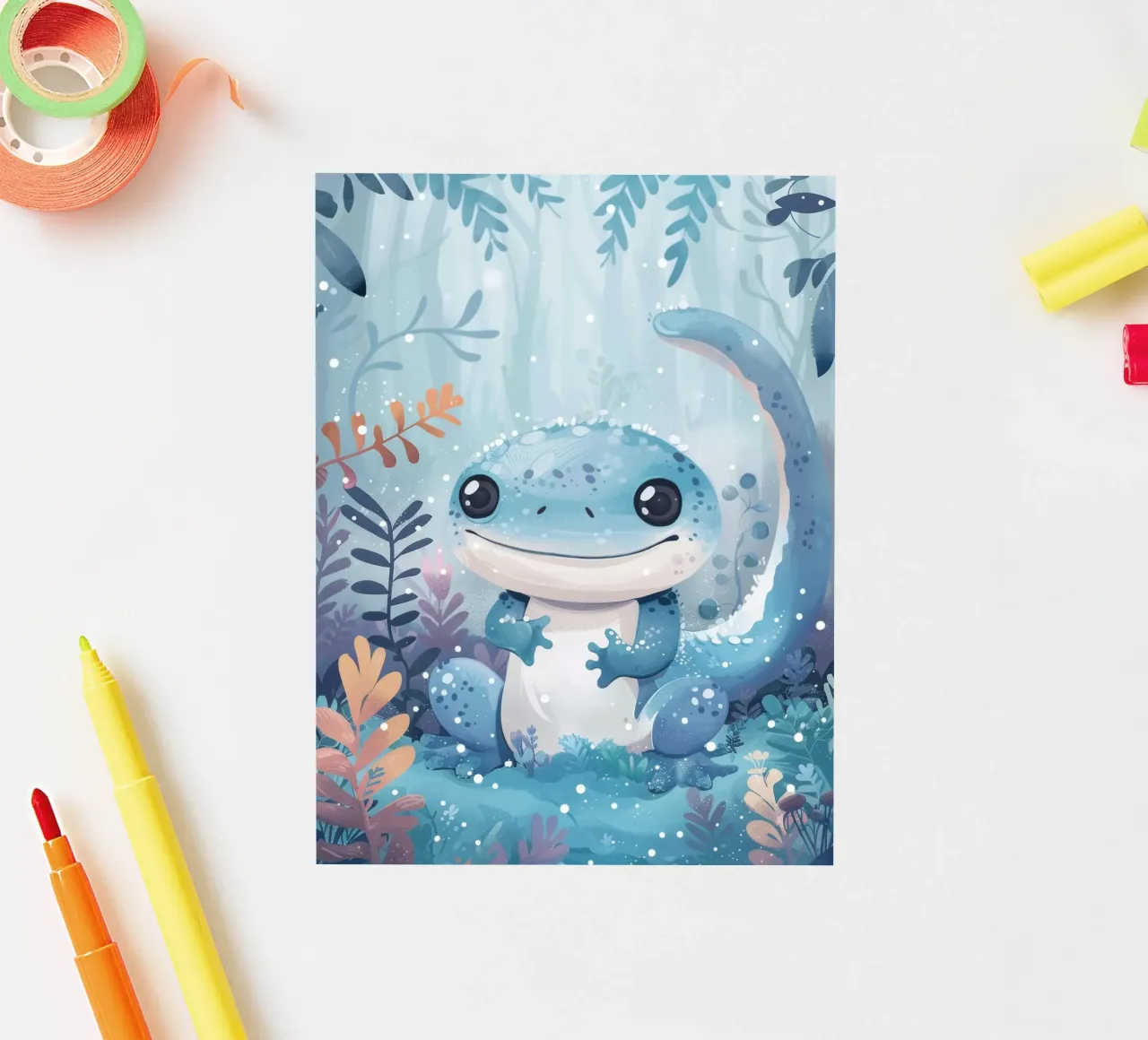 Niedliche blaue Eidechse sitzt unter schneebedecktem üppigem Laub Sticker von DesignDoodle
