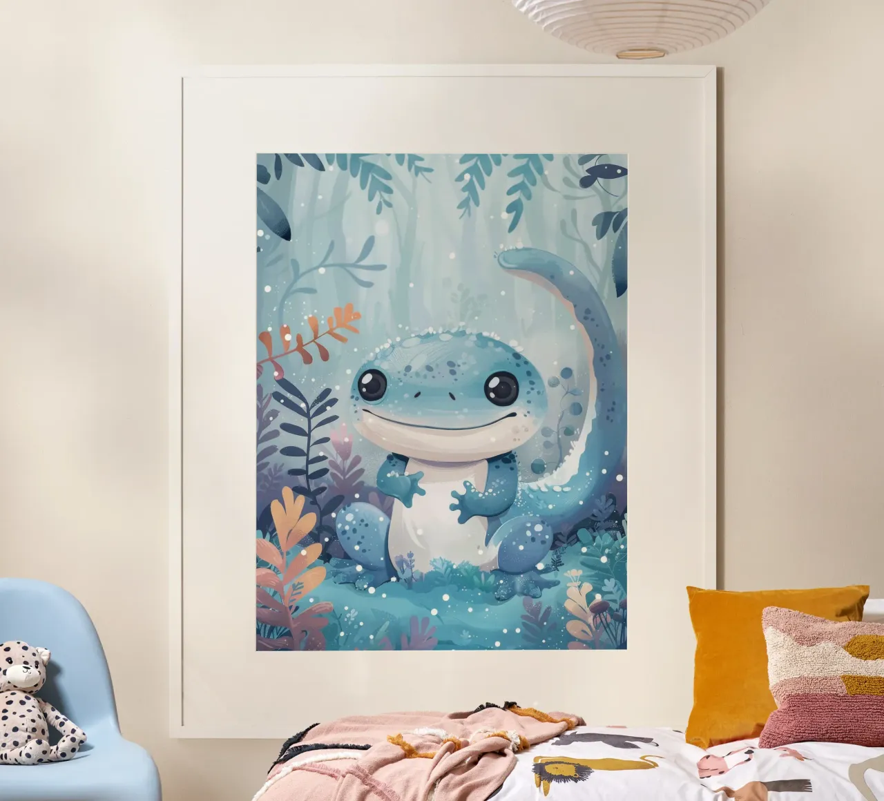 Una simpatica lucertola blu siede tra il fogliame lussureggiante coperto di neve poster con telaio in plastica da DesignDoodle