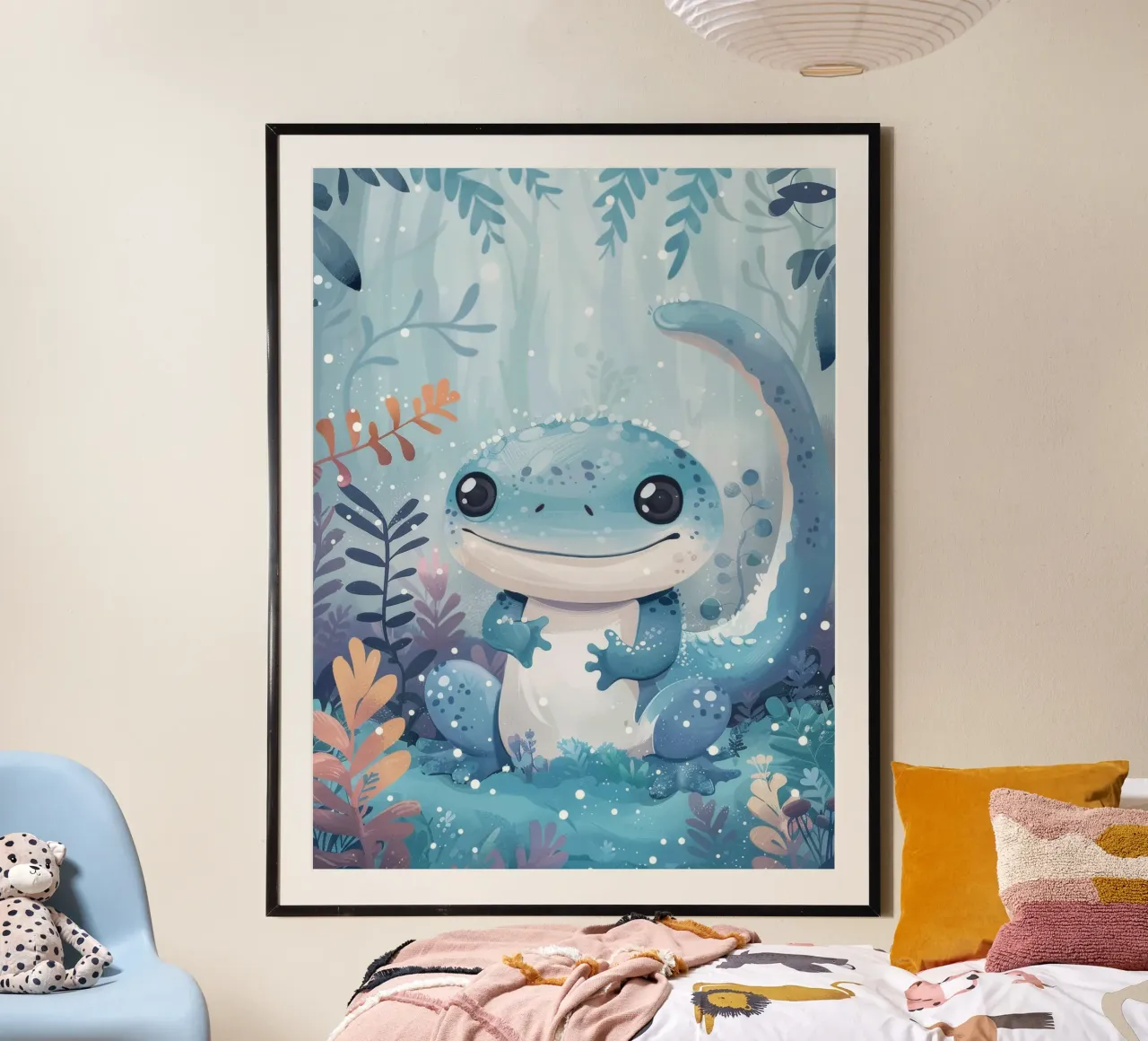 Una simpatica lucertola blu siede tra il fogliame lussureggiante coperto di neve poster con telaio in plastica da DesignDoodle