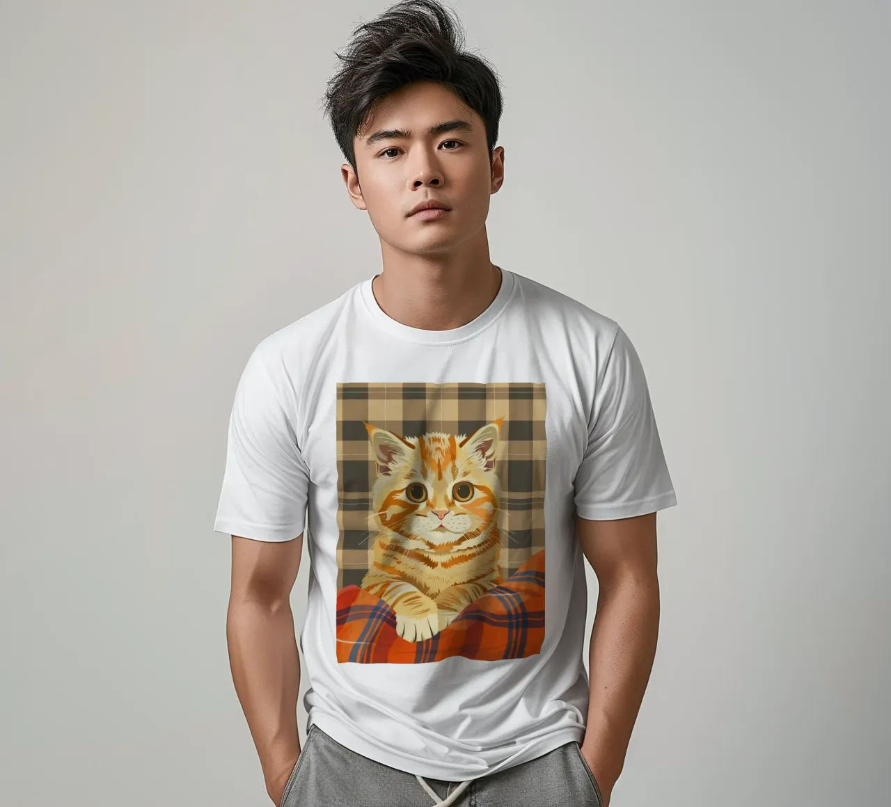 Gatto soriano arancione riposa comodamente su una coperta a quadri t-shirt da DesignDoodle