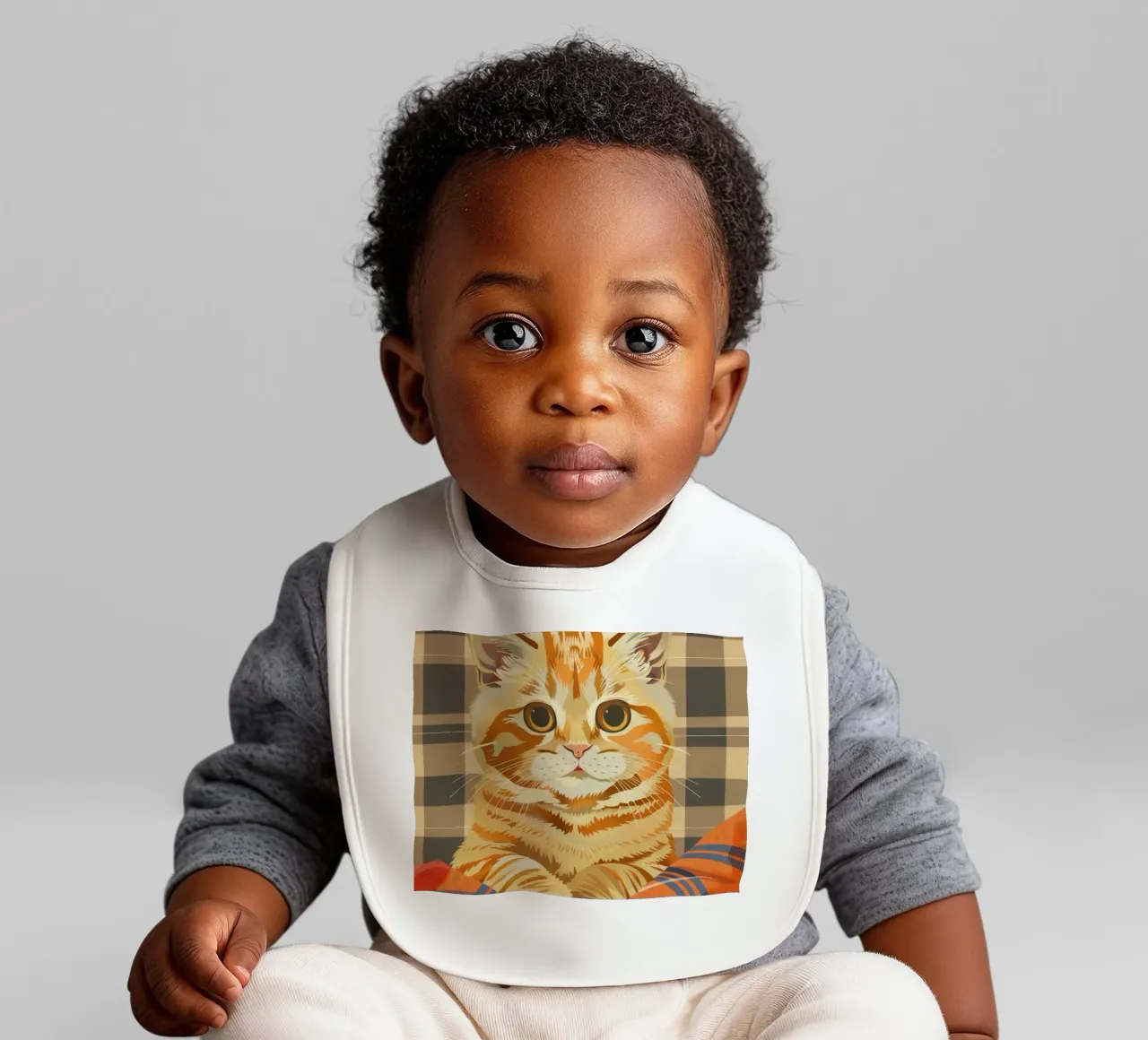 Gatto soriano arancione riposa comodamente su una coperta a quadri bavaglino da DesignDoodle