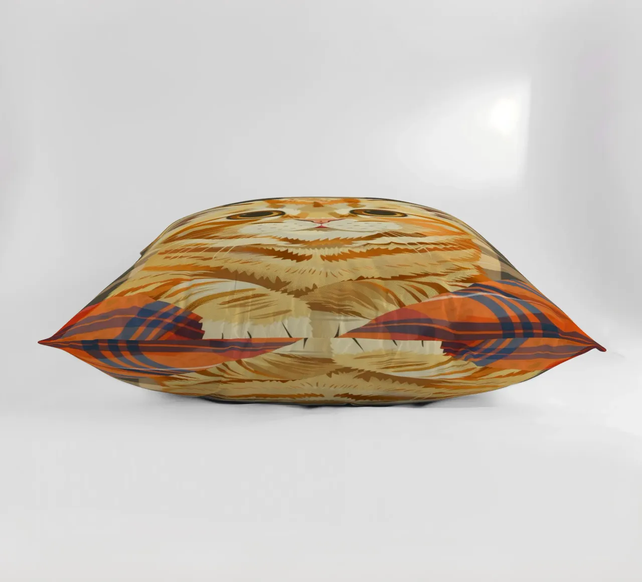 Gatto soriano arancione riposa comodamente su una coperta a quadri cuscino da DesignDoodle