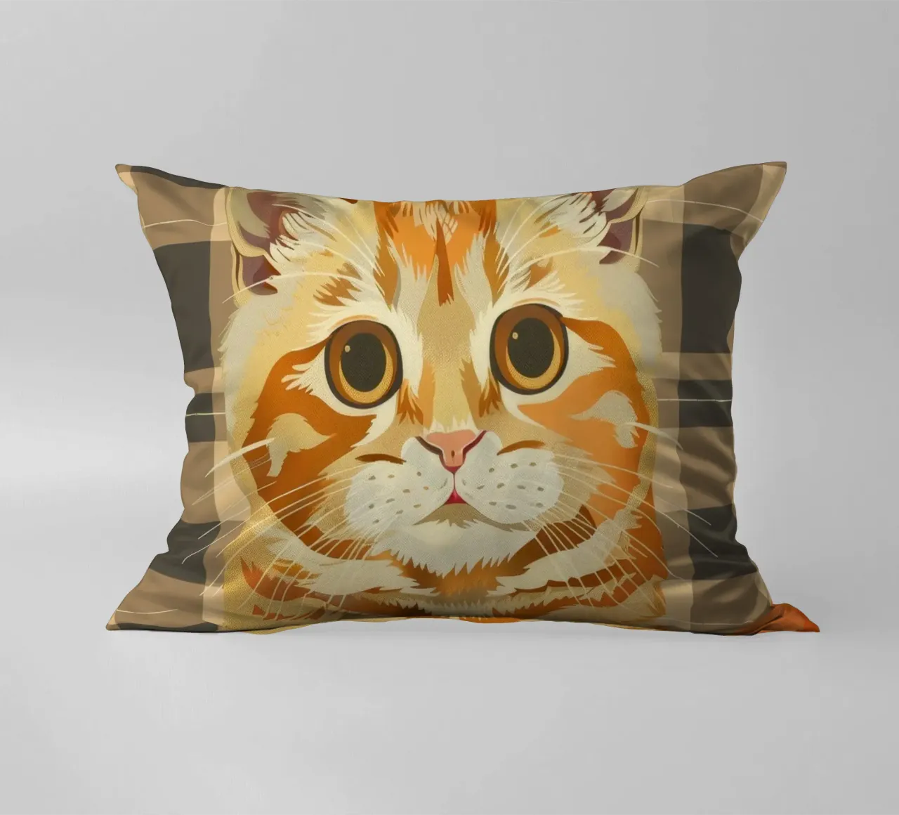 Gatto soriano arancione riposa comodamente su una coperta a quadri cuscino da DesignDoodle