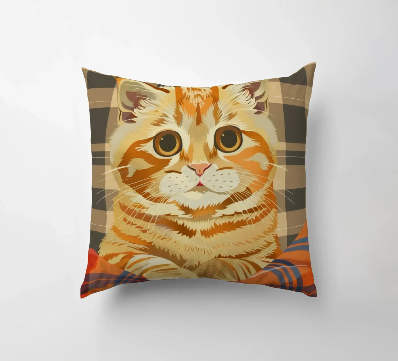Gatto soriano arancione riposa comodamente su una coperta a quadri cuscino da DesignDoodle
