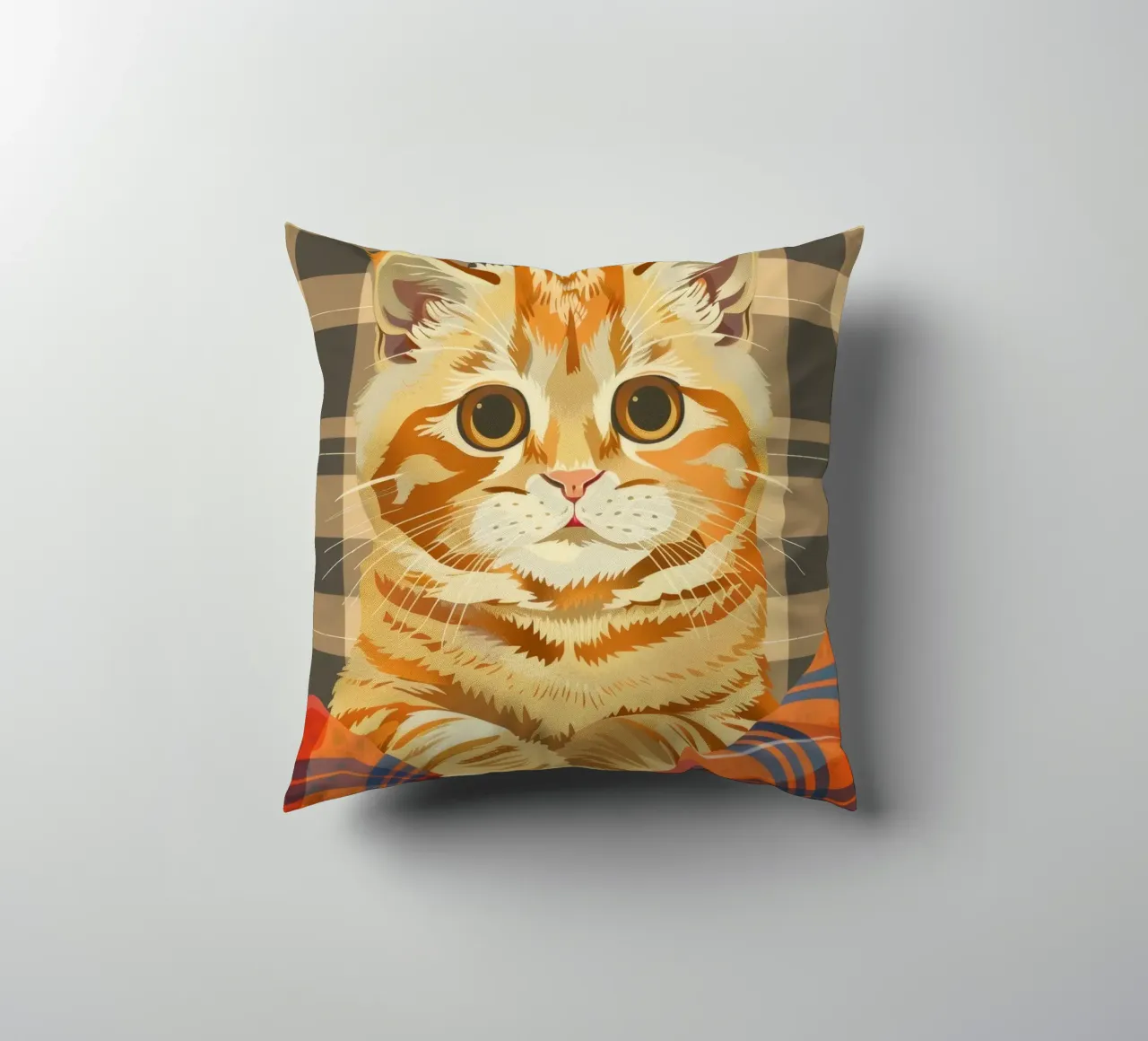 Gatto soriano arancione riposa comodamente su una coperta a quadri cuscino da DesignDoodle