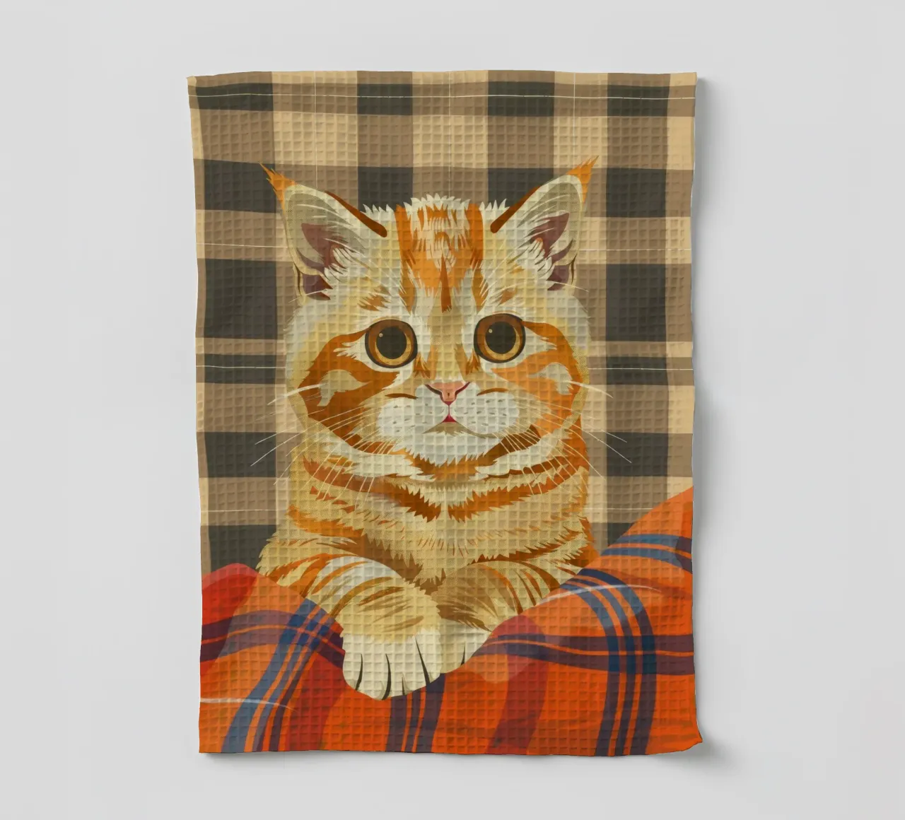 Un chat tabby orange se repose confortablement sur une couverture à carreaux. torchon de DesignDoodle