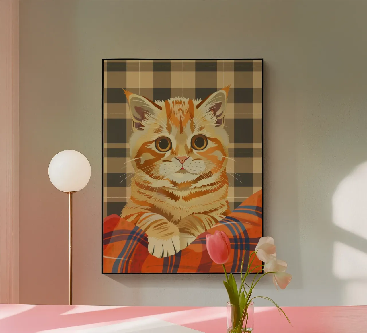 Gatto soriano arancione riposa comodamente su una coperta a quadri plexiglass da DesignDoodle