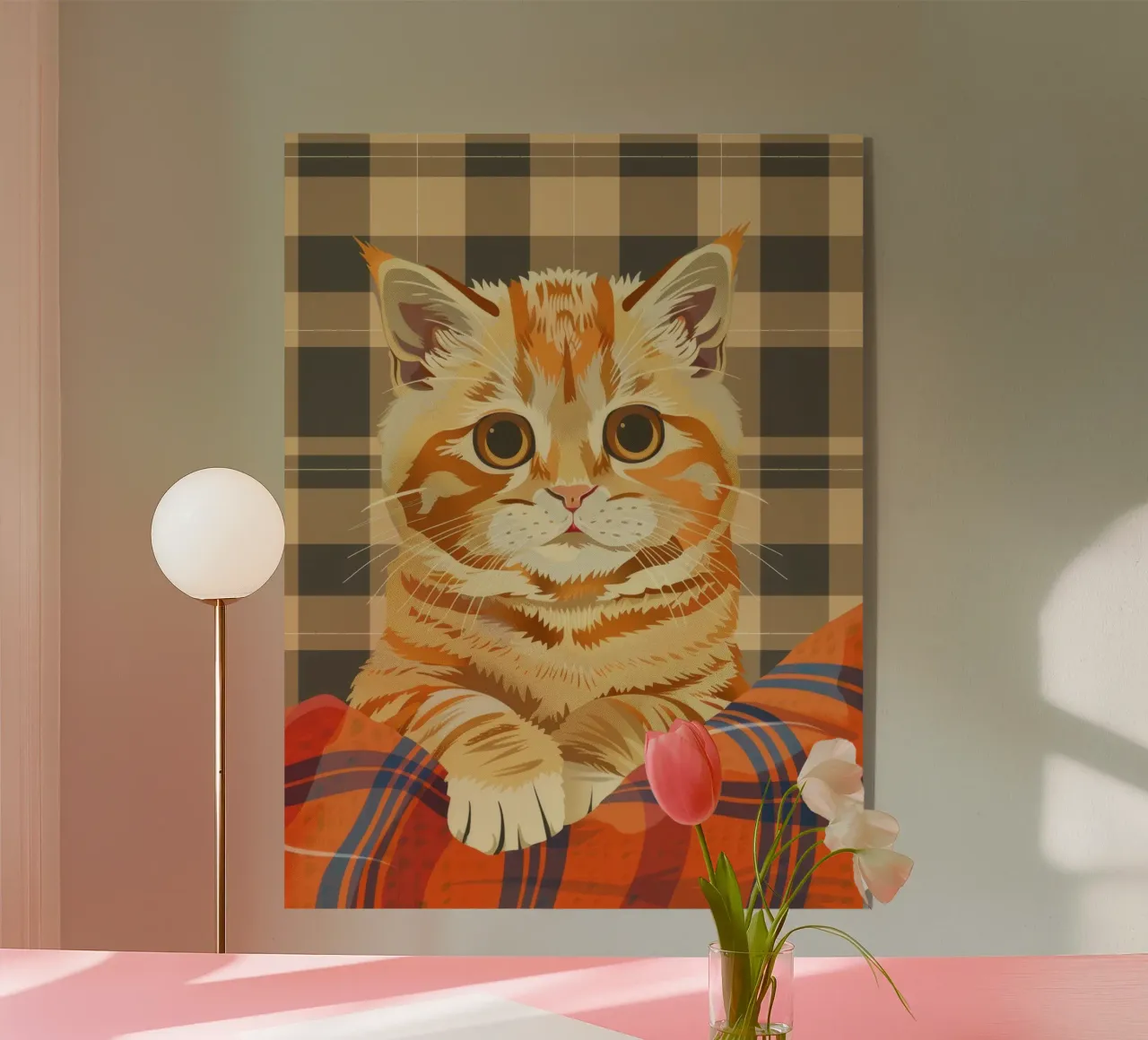 Gatto soriano arancione riposa comodamente su una coperta a quadri plexiglass da DesignDoodle
