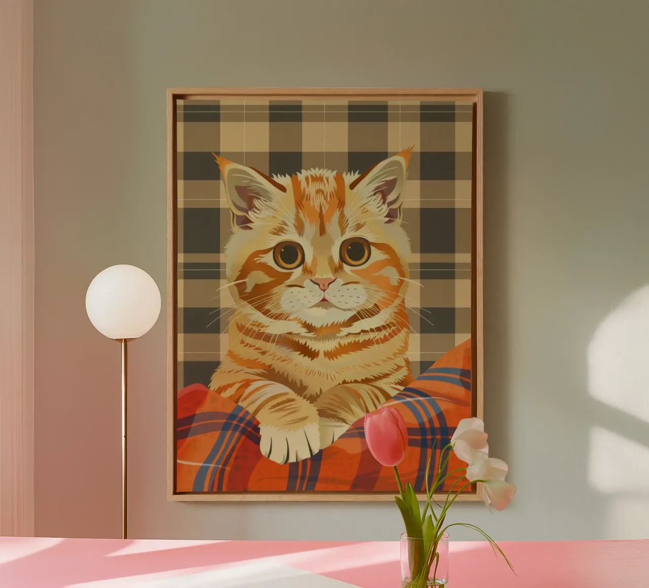Gatto soriano arancione riposa comodamente su una coperta a quadri tela con Cornice a cassetta da DesignDoodle