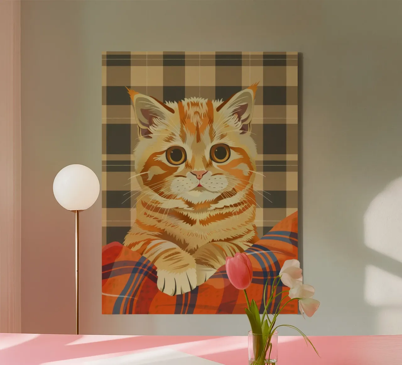 Gatto soriano arancione riposa comodamente su una coperta a quadri tela con Cornice a cassetta da DesignDoodle