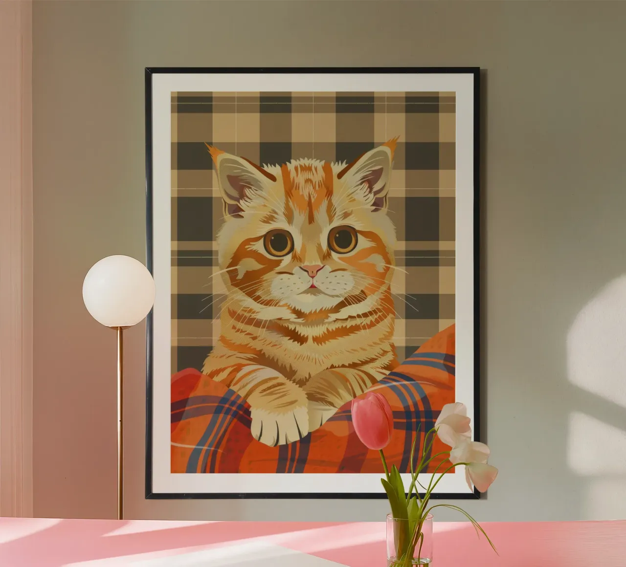 Gatto soriano arancione riposa comodamente su una coperta a quadri poster da DesignDoodle
