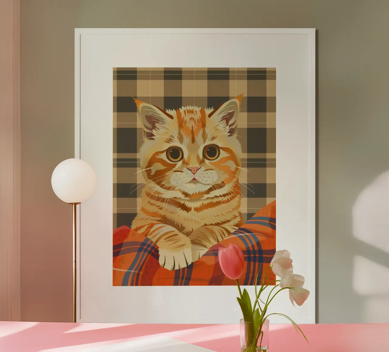 Gatto soriano arancione riposa comodamente su una coperta a quadri poster da DesignDoodle