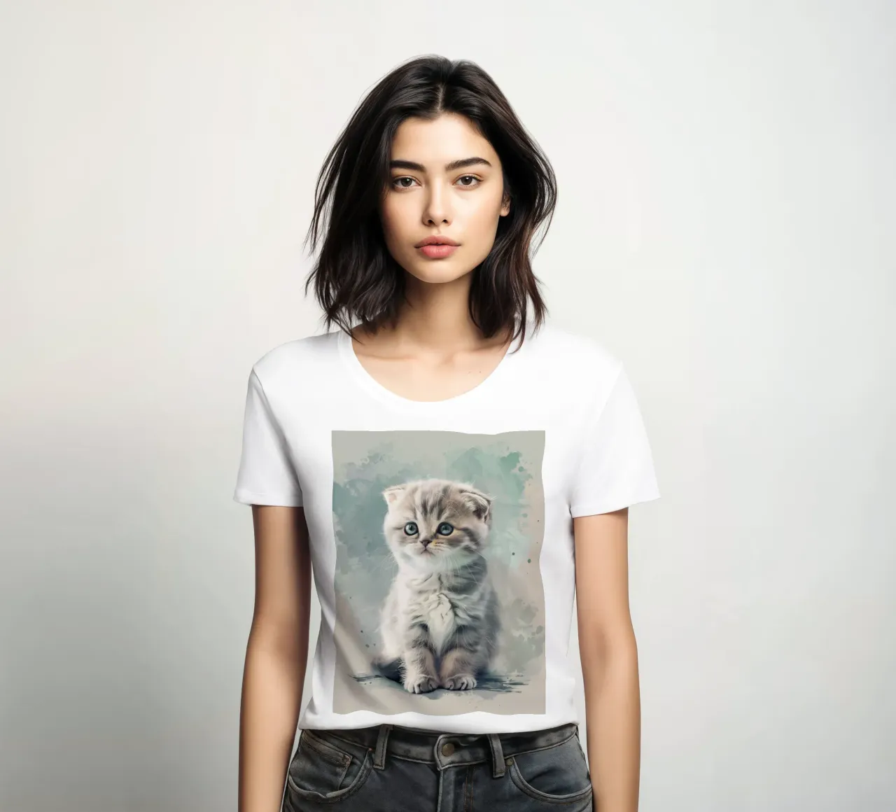 Mignon chaton duveteux assis calmement sur une surface douce t-shirt ajusté pour femmes de DesignDoodle