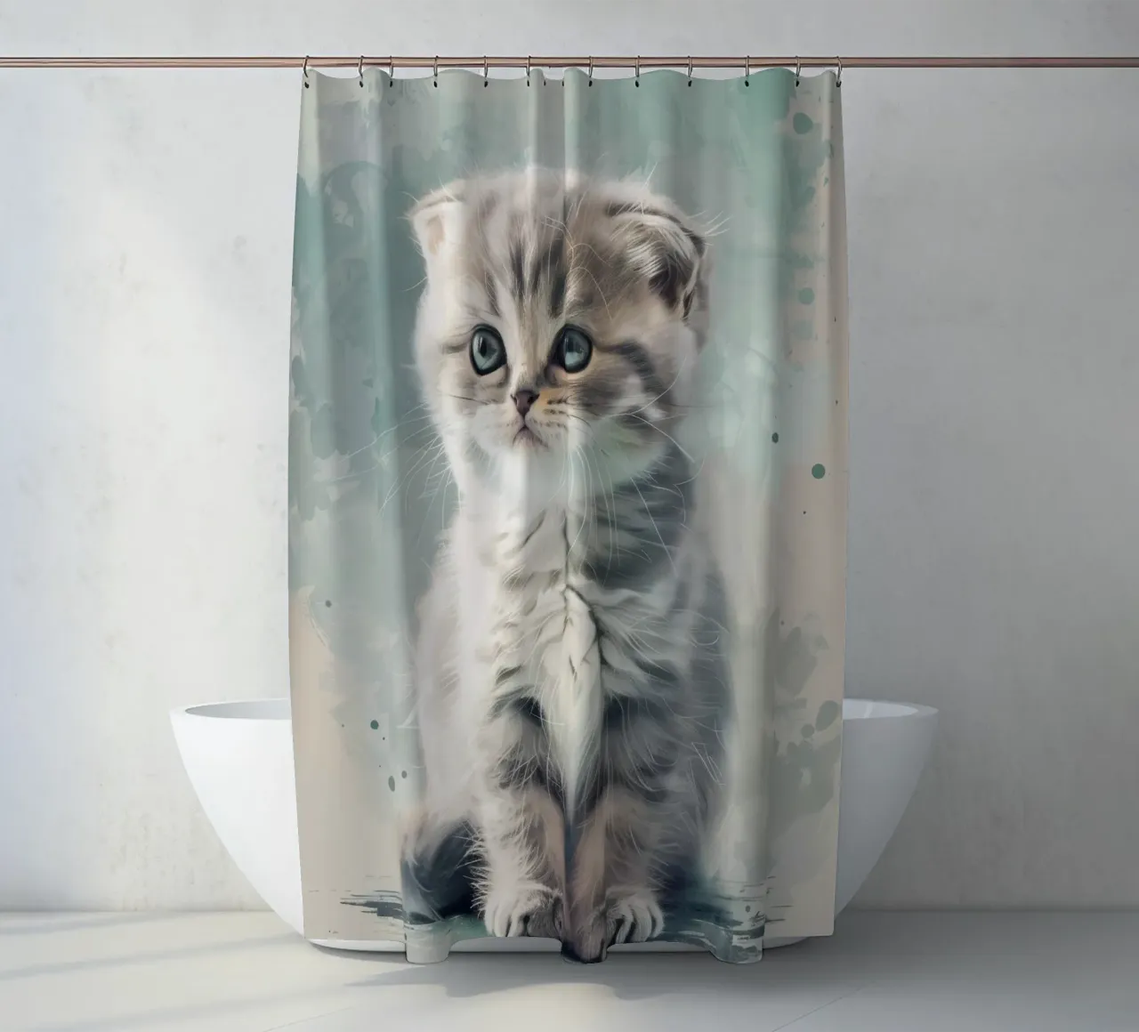 Niedliches flauschiges Kätzchen sitzt ruhig auf einer weichen Oberfläche Duschvorhang von DesignDoodle