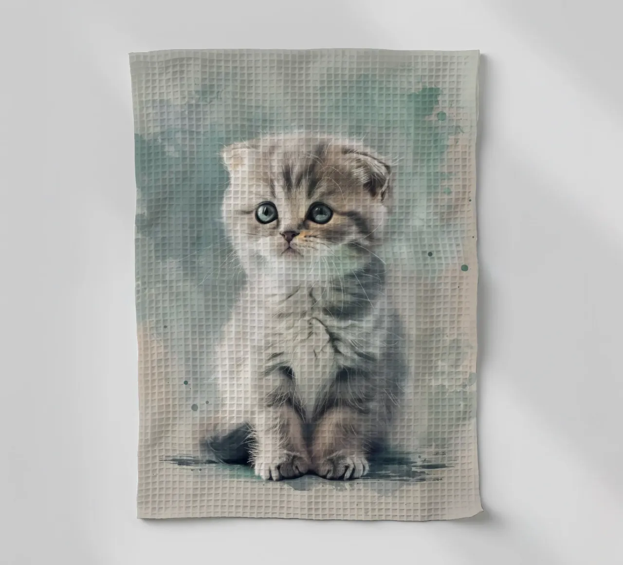 Niedliches flauschiges Kätzchen sitzt ruhig auf einer weichen Oberfläche Geschirrtuch von DesignDoodle