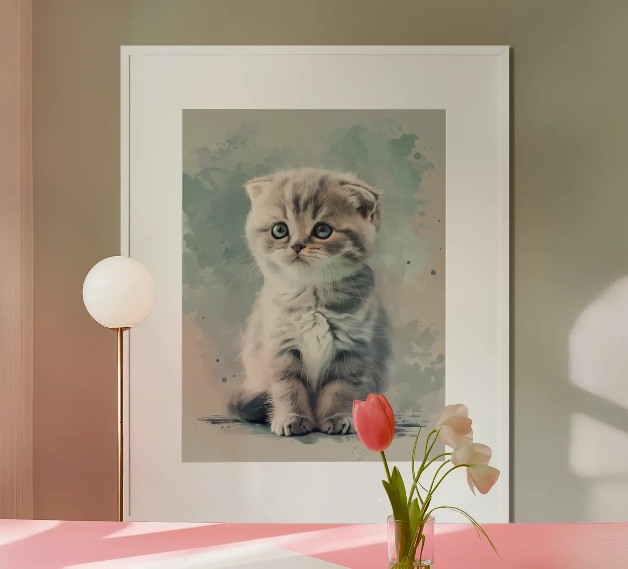 Mignon chaton duveteux assis calmement sur une surface douce poster avec cadre en bois de DesignDoodle