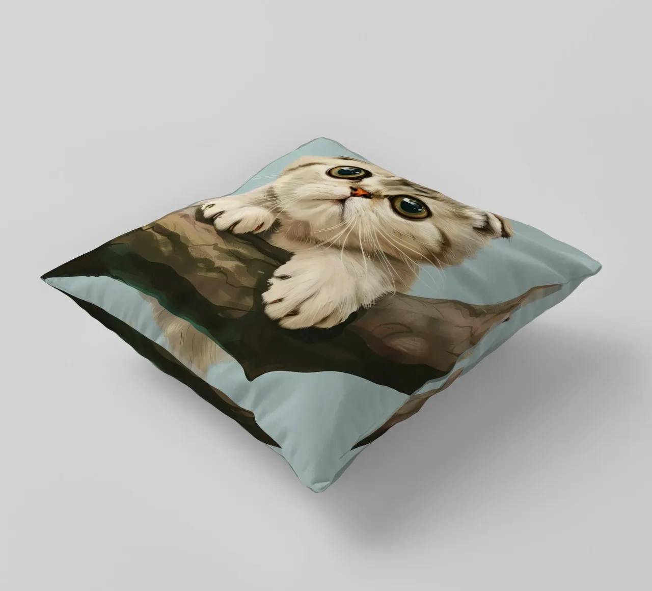 Tenero gattino con occhi luminosi che si arrampica su un ramo in primavera cuscino da DesignDoodle