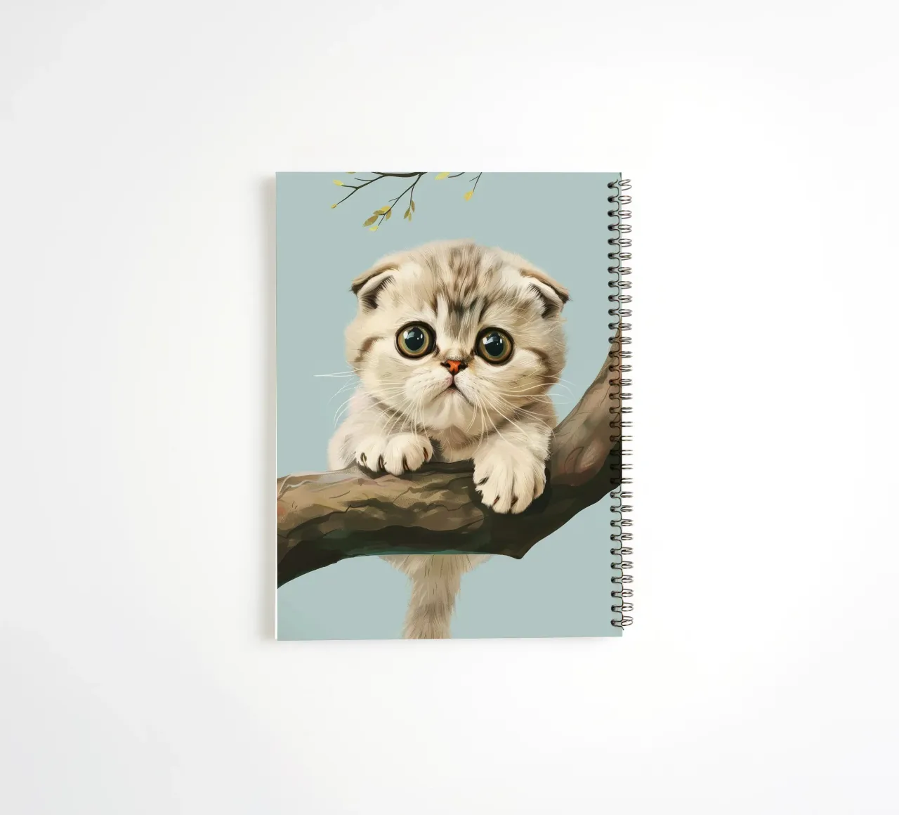 Cute kitten with glowing eyes climbing a branch in spring spiral notebook by DesignDoodle