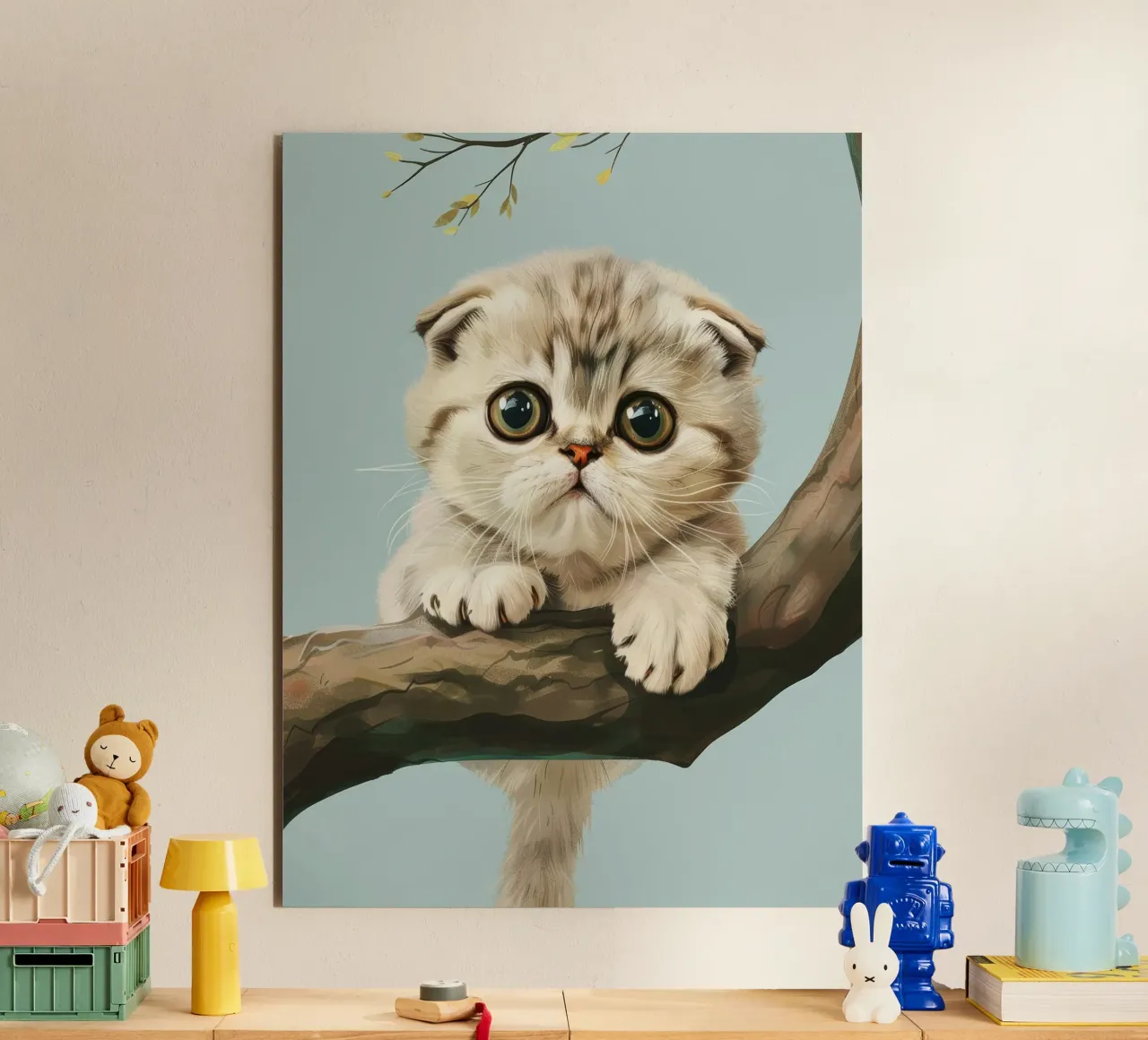 Cute kitten with glowing eyes climbing a branch in spring alu-dibond by DesignDoodle