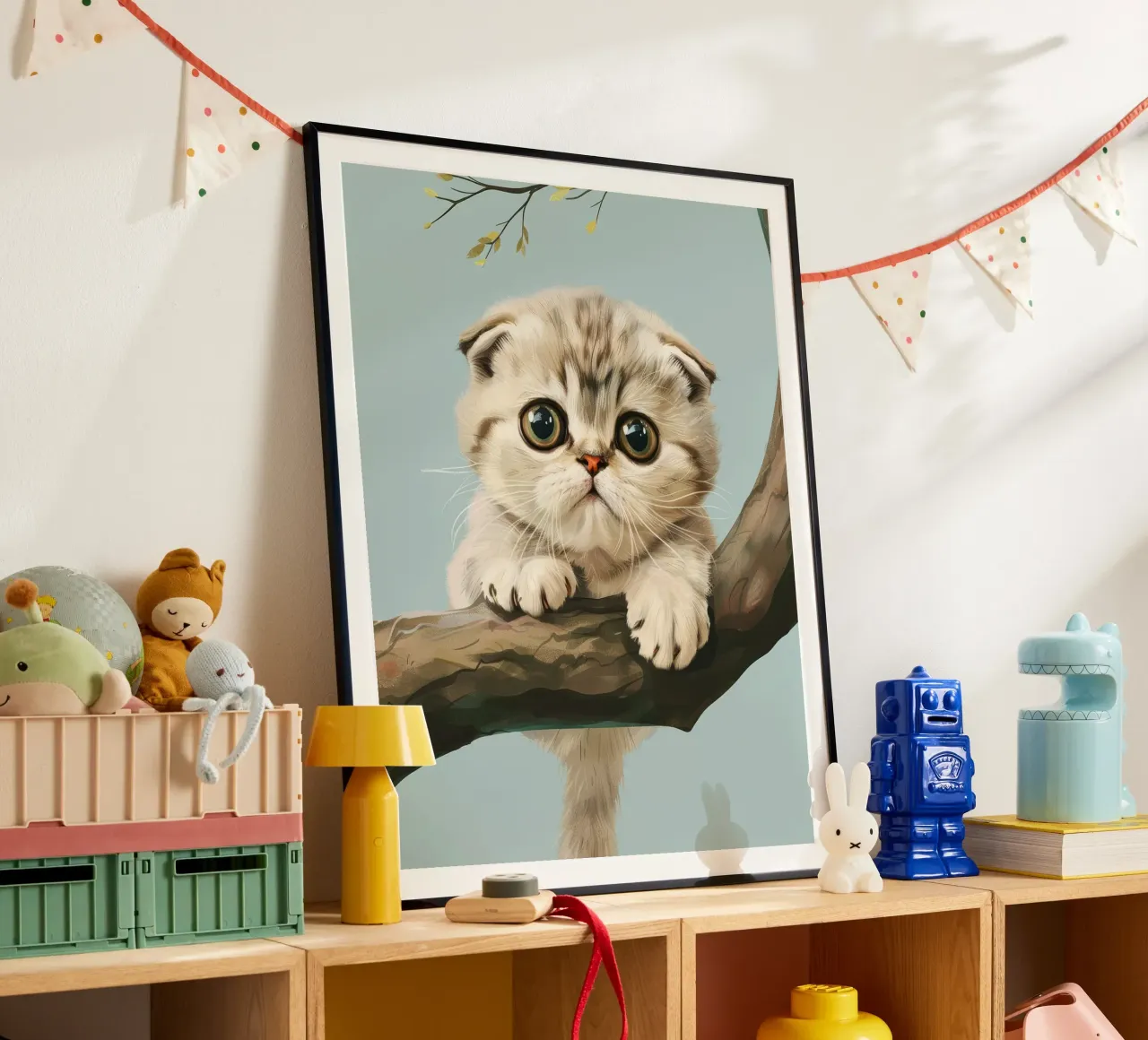 Niedliches Kätzchen mit leuchtenden Augen, das im Frühling auf einen Ast klettert Poster von DesignDoodle