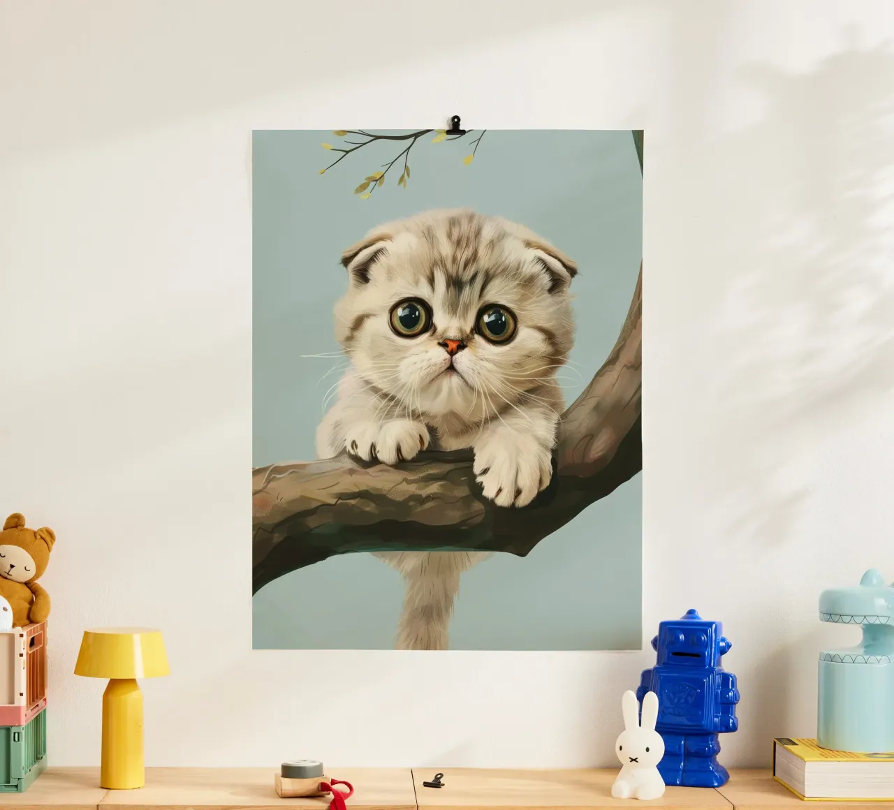 Niedliches Kätzchen mit leuchtenden Augen, das im Frühling auf einen Ast klettert Poster von DesignDoodle