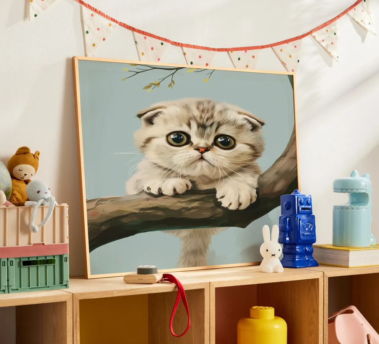 Niedliches Kätzchen mit leuchtenden Augen, das im Frühling auf einen Ast klettert Poster von DesignDoodle