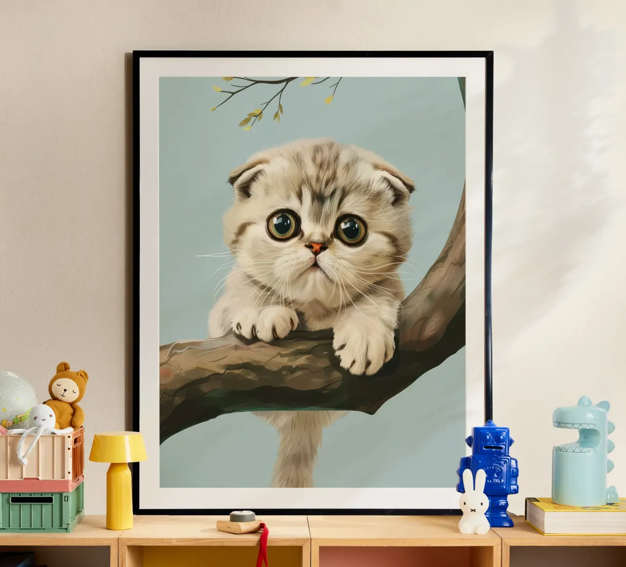 Niedliches Kätzchen mit leuchtenden Augen, das im Frühling auf einen Ast klettert Poster von DesignDoodle