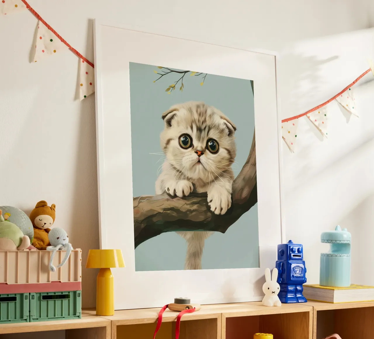 Niedliches Kätzchen mit leuchtenden Augen, das im Frühling auf einen Ast klettert Poster von DesignDoodle