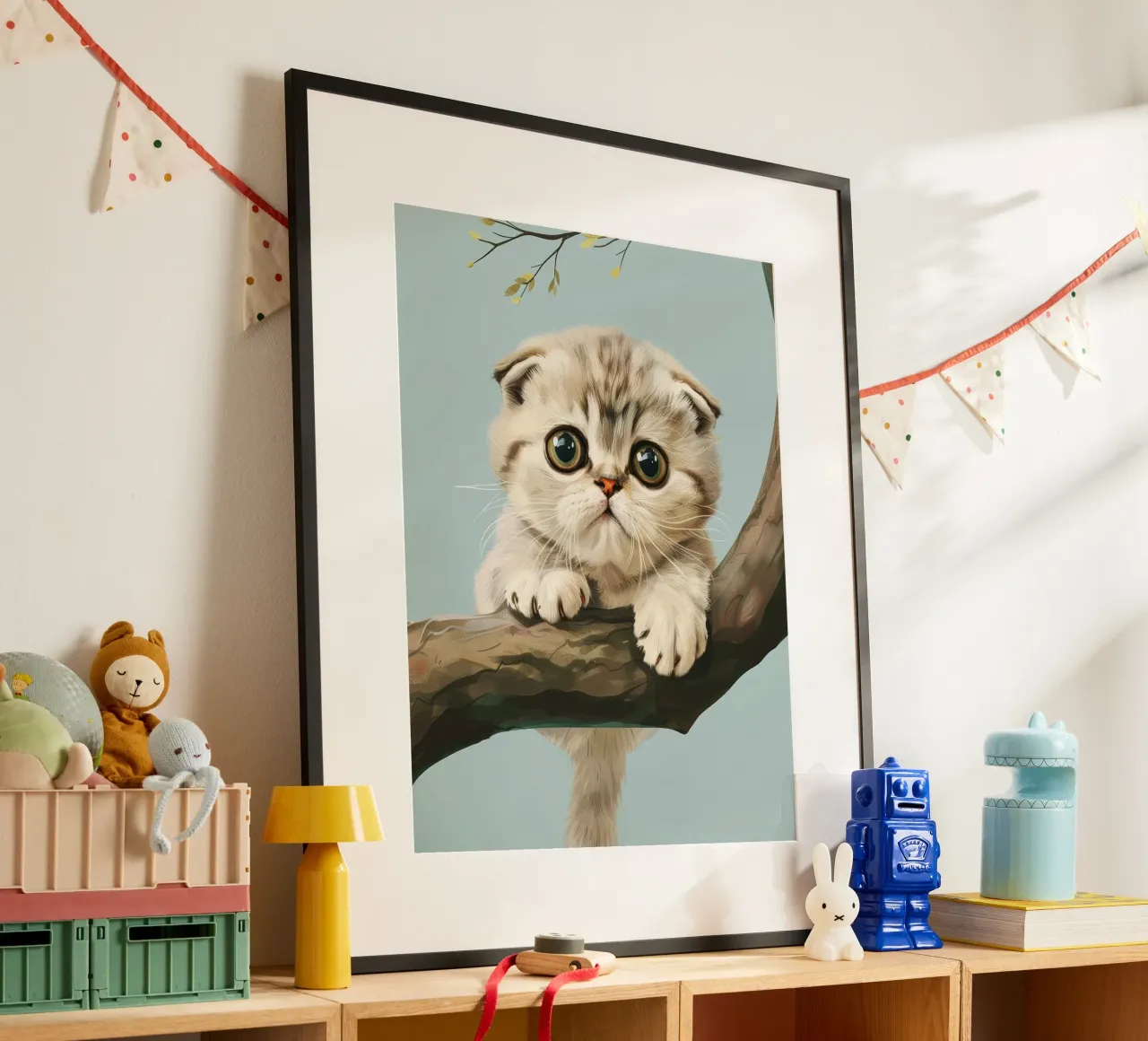 Niedliches Kätzchen mit leuchtenden Augen, das im Frühling auf einen Ast klettert Poster von DesignDoodle