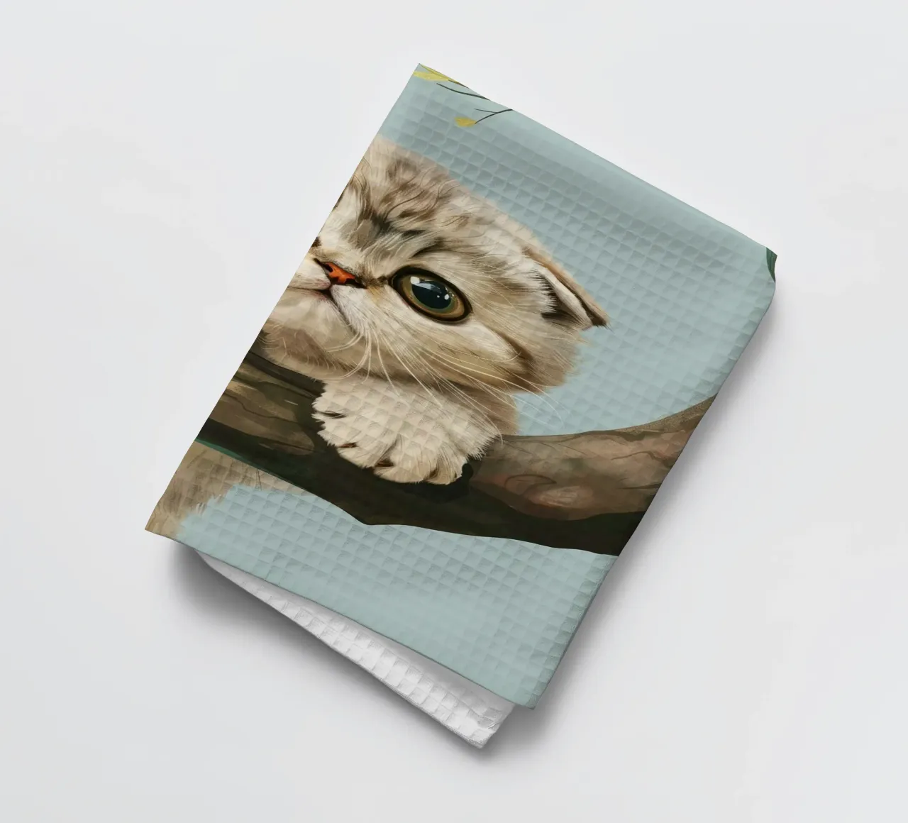 Cute kitten with glowing eyes climbing a branch in spring tea towel by DesignDoodle
