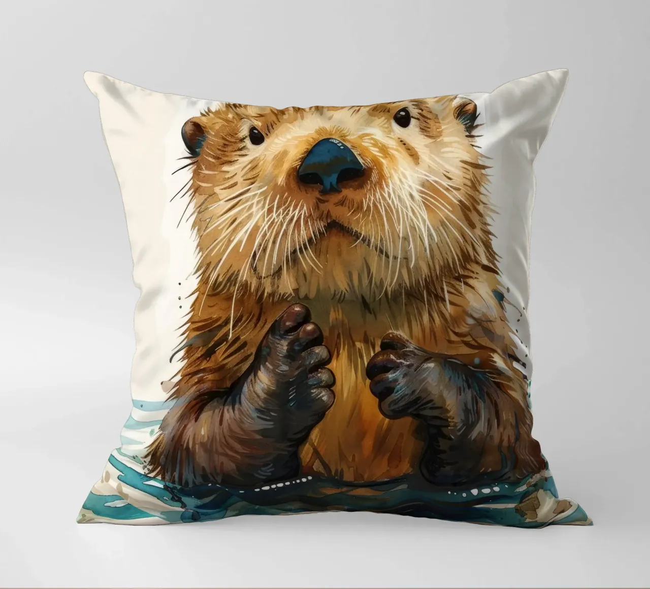 Carina la lontra che galleggia nell'acqua con le zampe sollevate cuscino da DesignDoodle