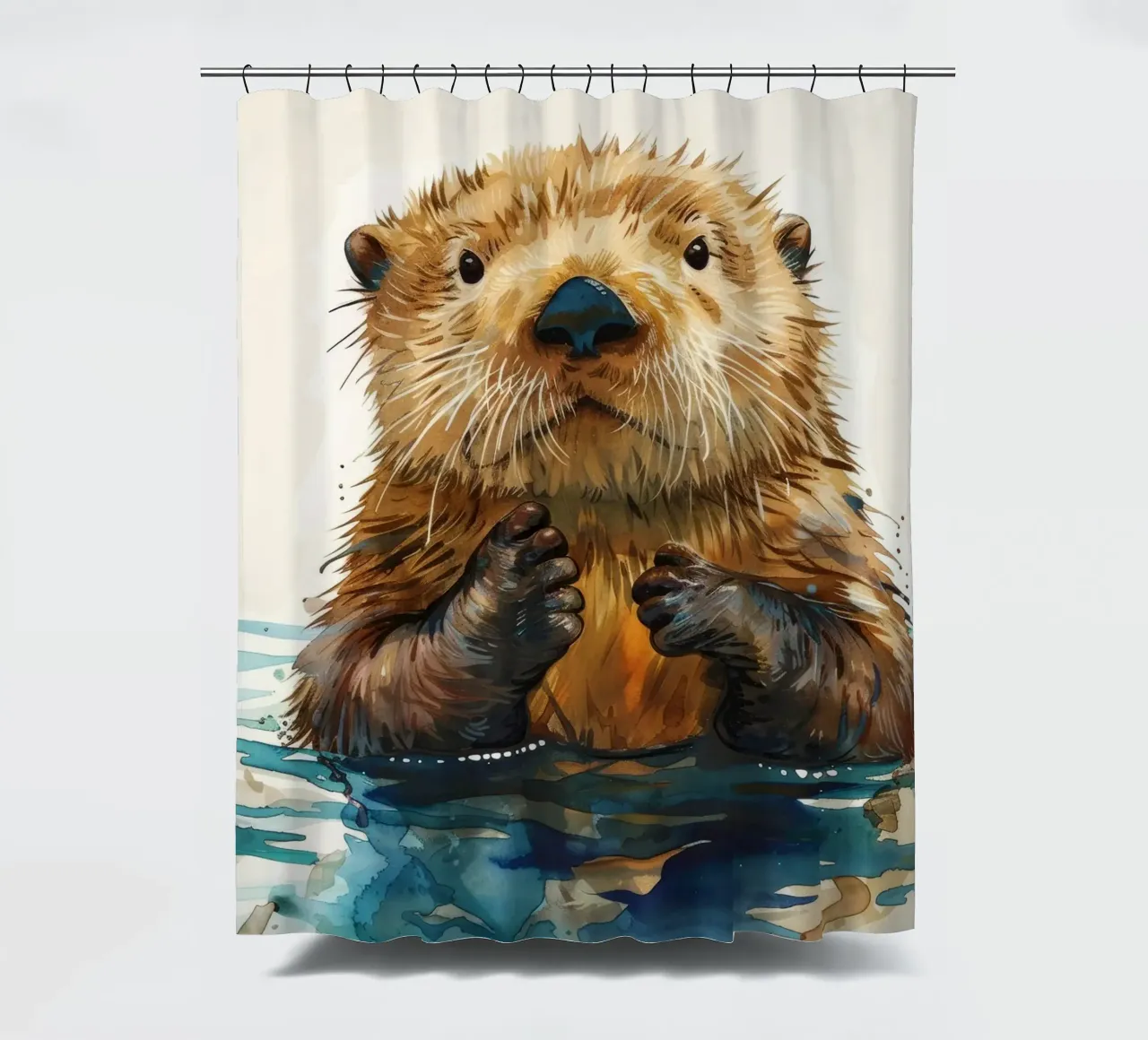 Cute otter floating in water with paws raised shower curtain by DesignDoodle