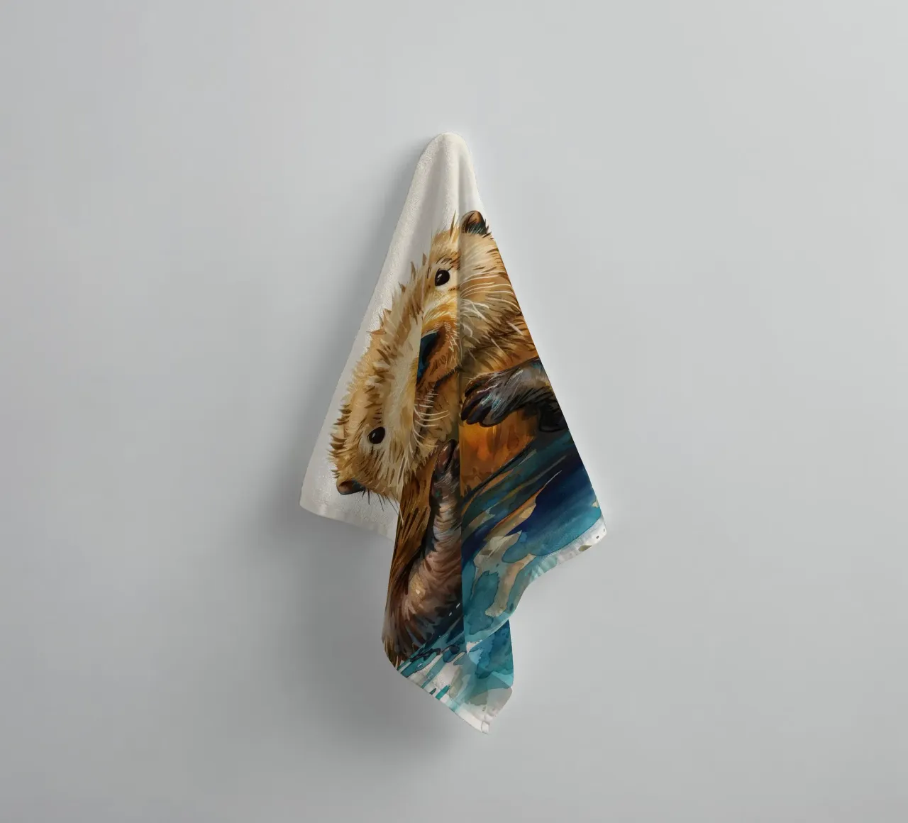 Cute otter floating in water with paws raised towel by DesignDoodle