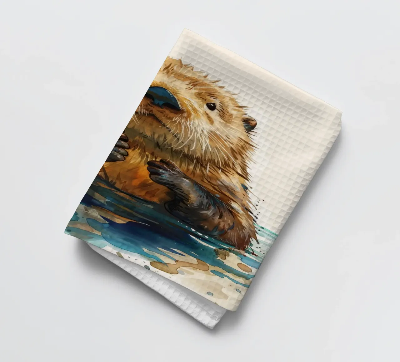 Simpática nutria flotando en el agua con las patas levantadas paño de cocina de DesignDoodle