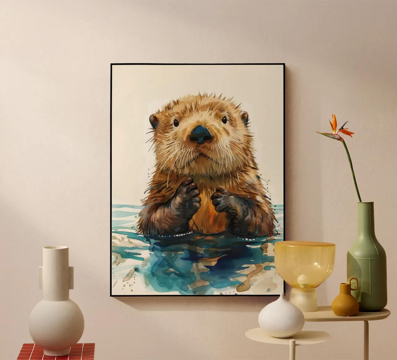 Cute otter floating in water with paws raised acrylic glass by DesignDoodle