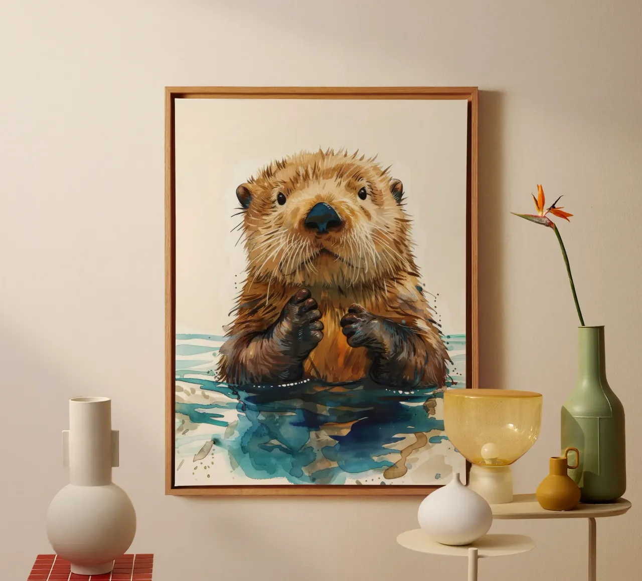 Cute otter floating in water with paws raised canvas by DesignDoodle