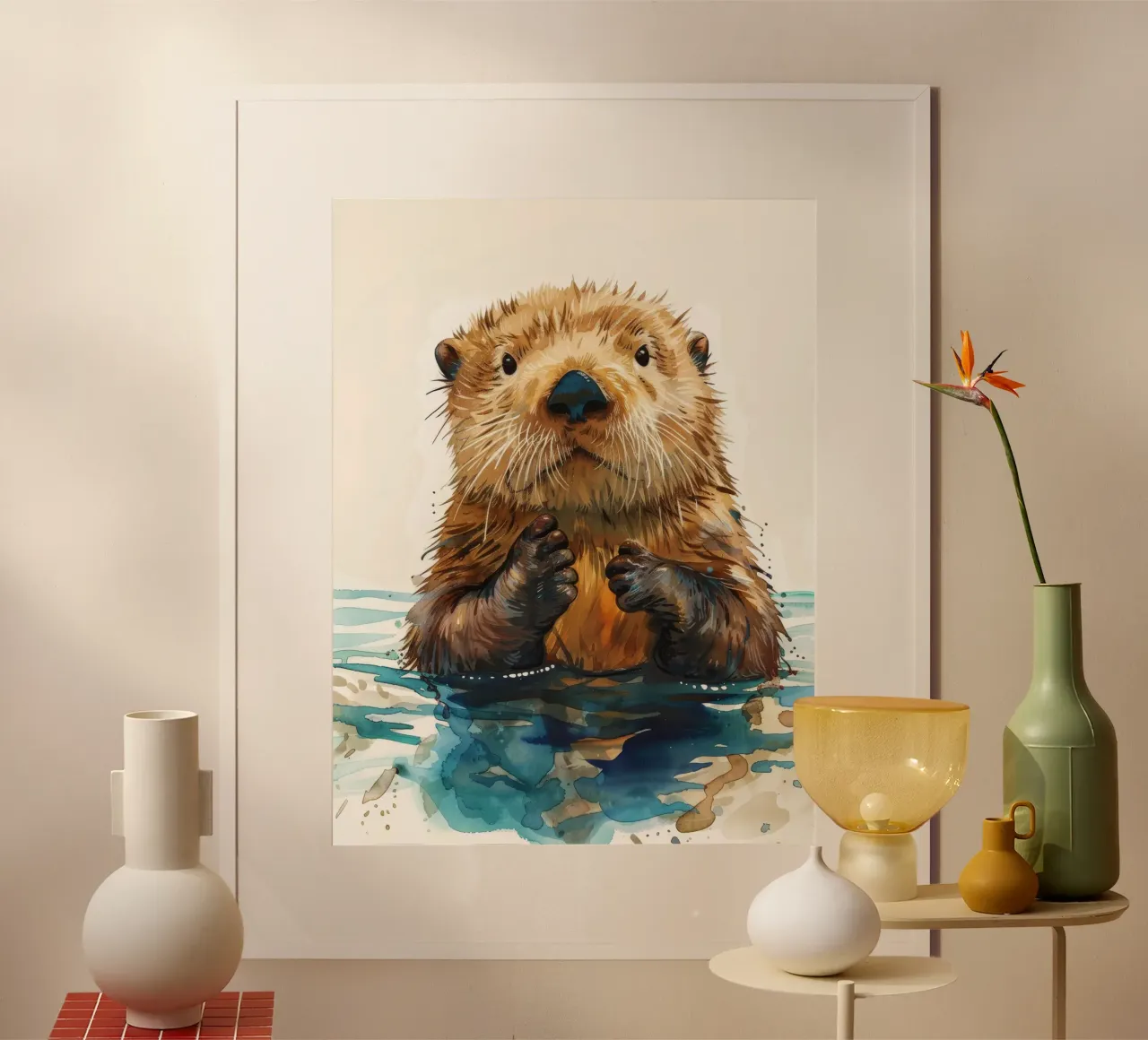 Cute otter floating in water with paws raised hahnemühle by DesignDoodle