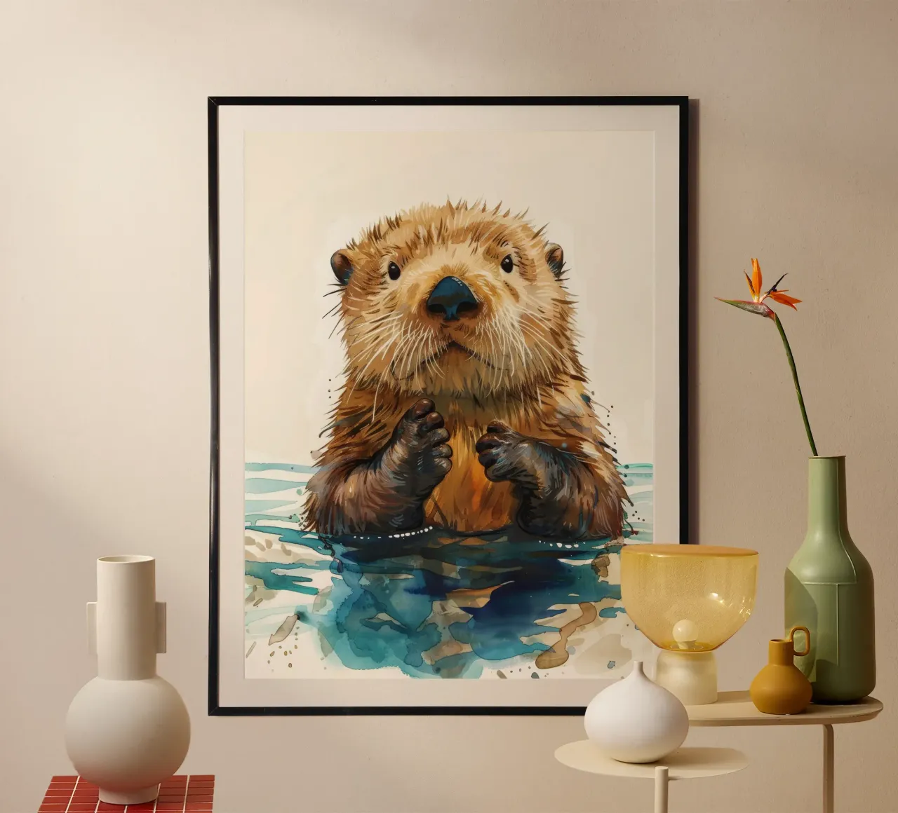 Cute otter floating in water with paws raised hahnemühle by DesignDoodle