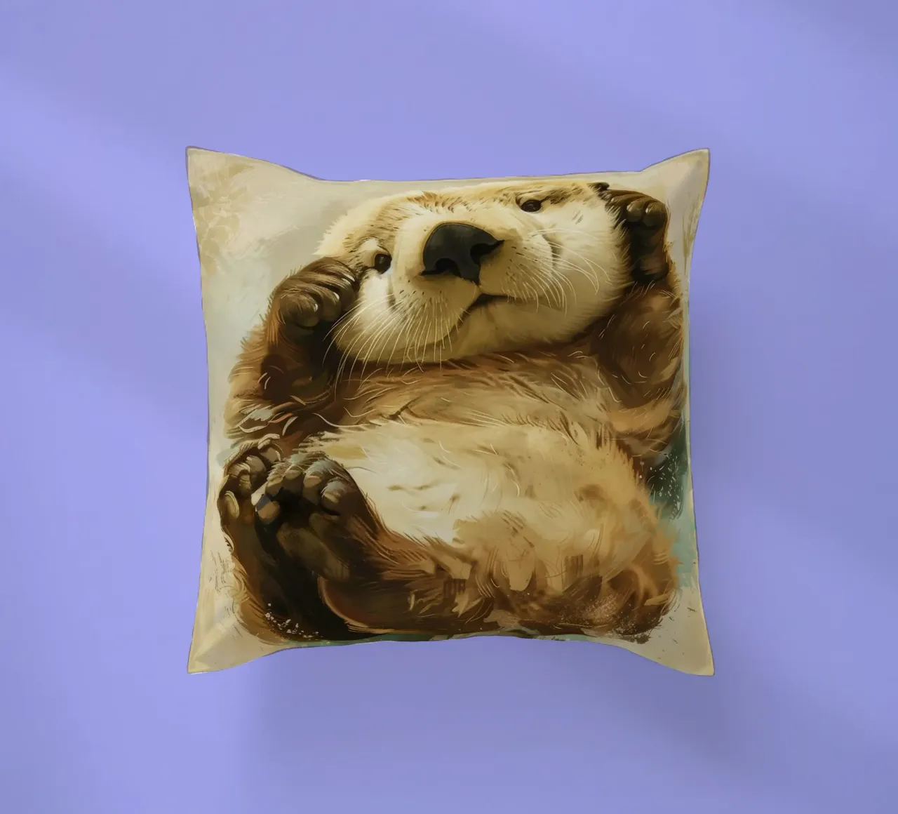 Playful otter enjoying lounging on its back in calm waters decorative cushion by DesignDoodle