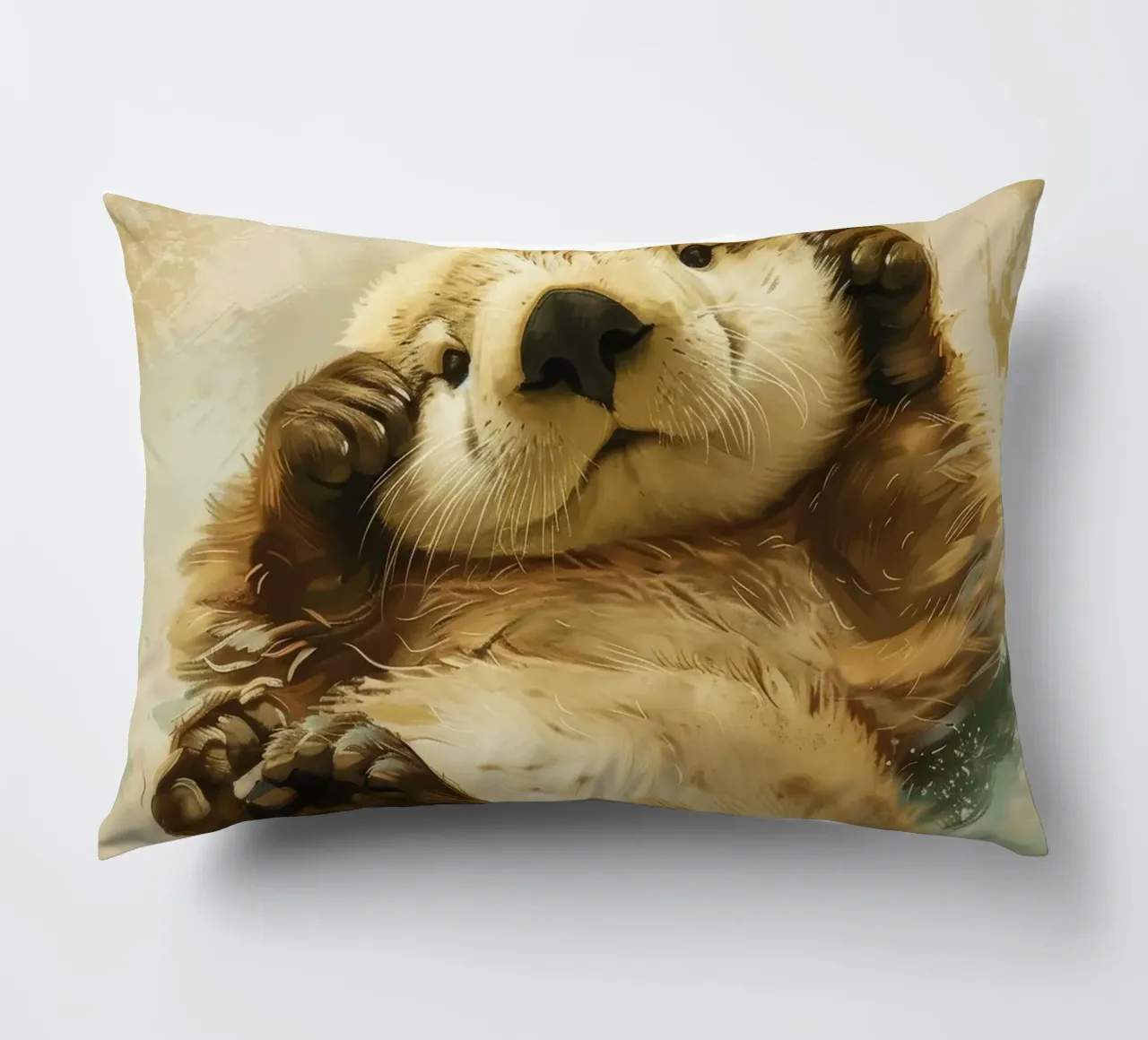 Playful otter enjoying lounging on its back in calm waters decorative cushion by DesignDoodle