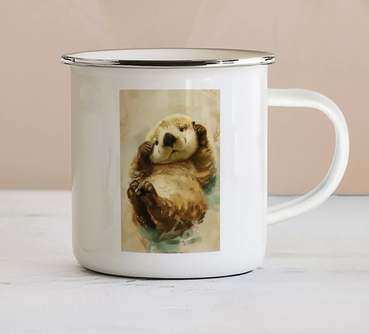 Speelse otter op zijn rug in kalm water emaille mok van DesignDoodle
