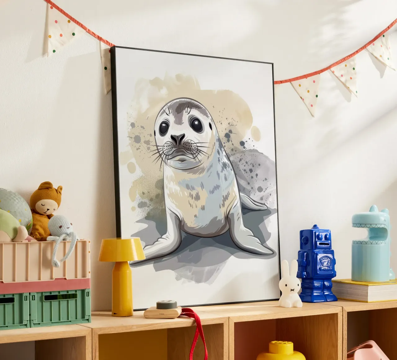 Illustrazione di una simpatica foca in posa giocosa alluminio dibond da DesignDoodle