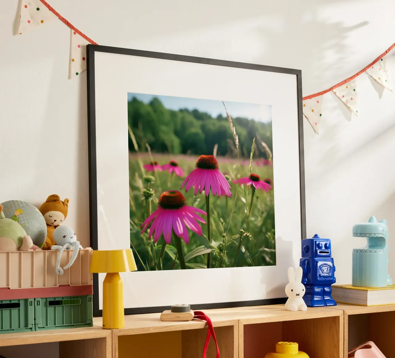 Sussurri del prato poster con telaio in legno da Bold Blooms