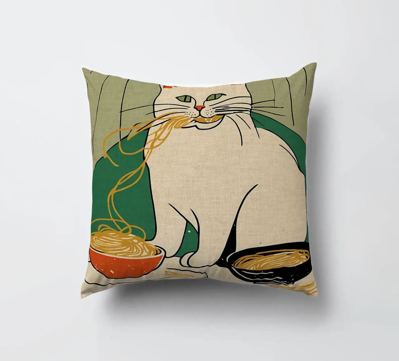 Pasta Lover Funny Cat Art decorative cushion by Providence Mbabazi Studio