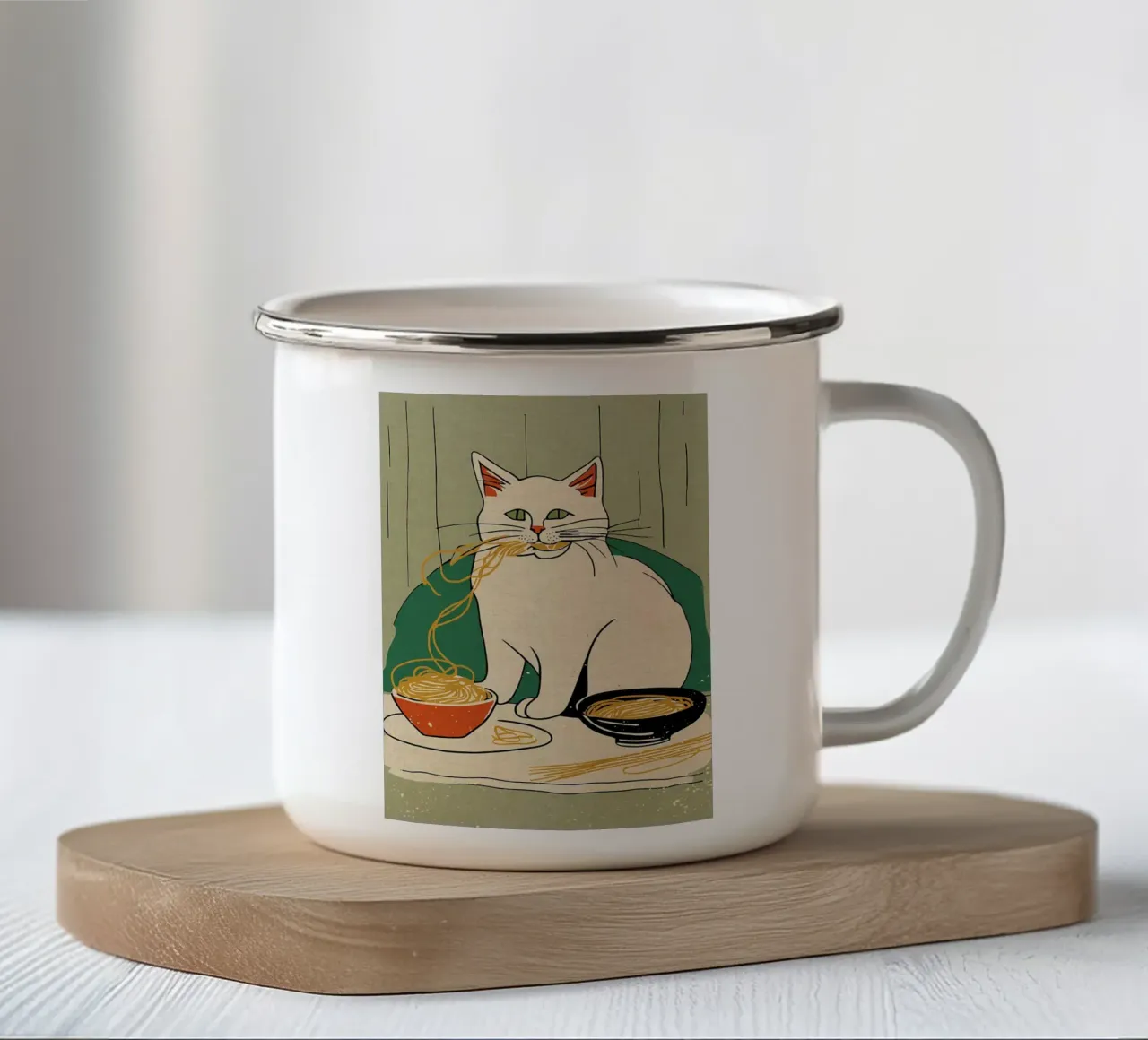 Pasta Lover Funny Cat Art tazza in smalto da Providence Mbabazi Studio